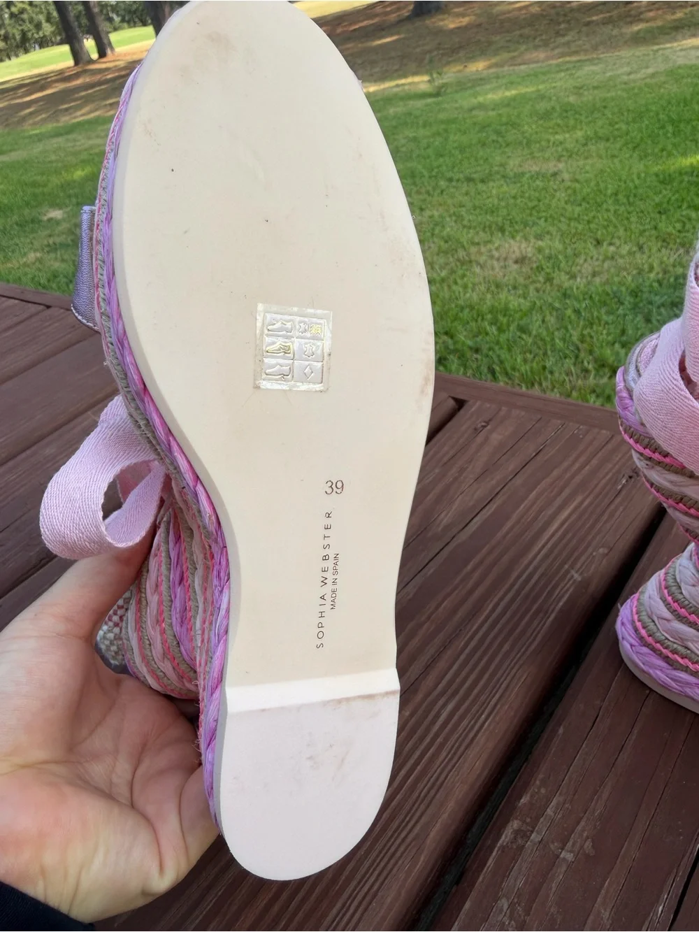 Sophia Webster Lucita Pink Metallic Raffia Wedge Sandals EU 39 US 8.5